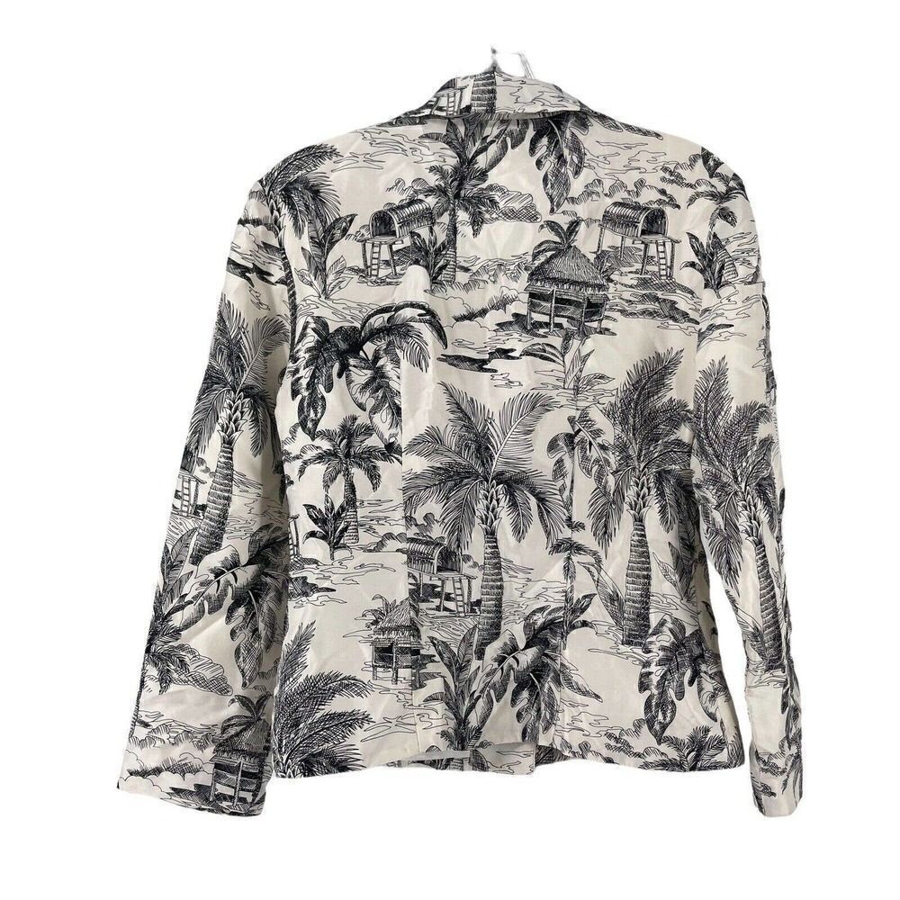 Maggy L Silk Button Front Shell Jacket White Black Tiki Hut Palm Island Size 4 - Picture 2 of 6